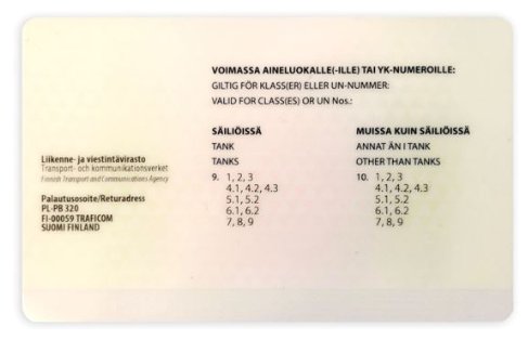 ADR-ajoluvan malli (kortin takapuoli)