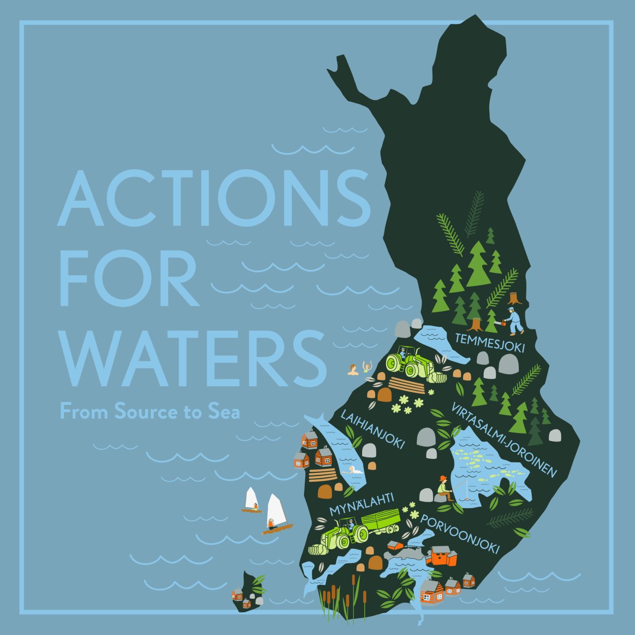 Image of a map of Finland showing human activities and the areas on which the ACWA LIFE project focuses. The areas depicted on the map are Temmesjoki, Laihianjoki, Virtasalmi–Joroinen, Mynälahti, and Porvoonjoki. Next to the map is the English text: “Actions for Water, from Source to Sea”.