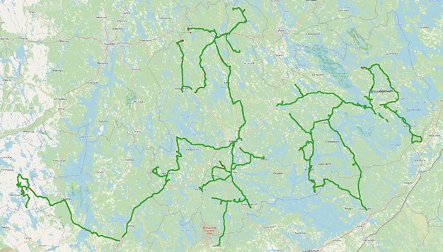 Karttakuva, jossa reittipiirtona näkyvät tulokset Traficomin tekemistä mittauksista Elisan verkon osalta.