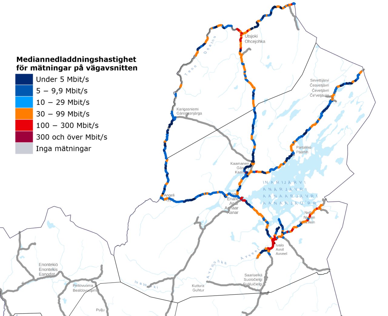 Kartbild av mediannedladdningshastigheterna för mätningar på vägavsnitten. På kartbilden visas mätresultaten från appen Bitmätaren.fi för den körda sträckan i form av mediannedladdningshastigheter med beaktande av resultaten för samtliga teleoperatörer.