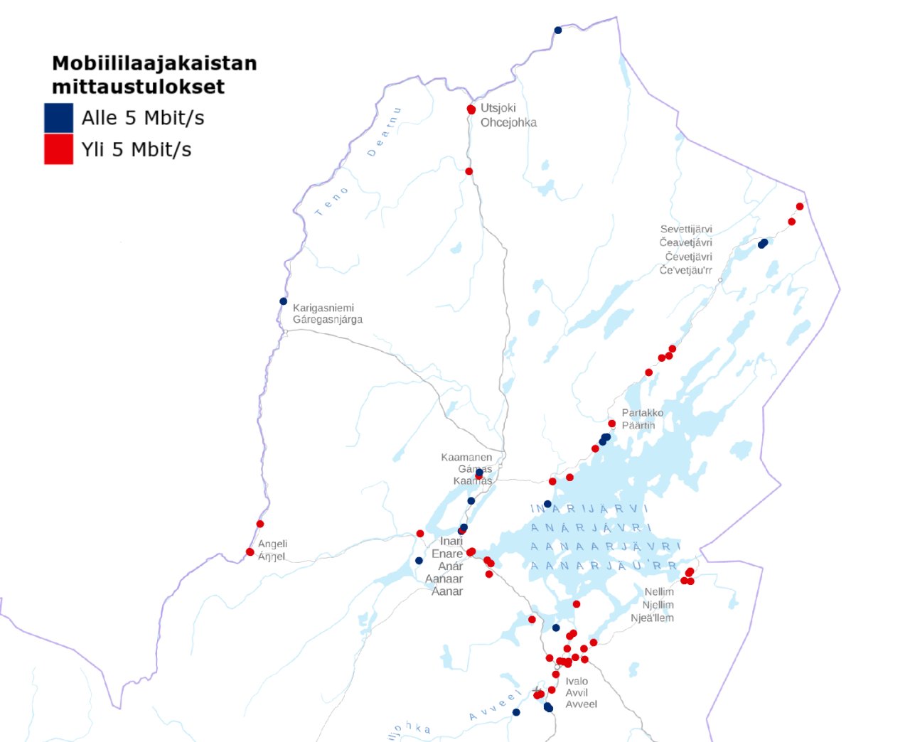 Kuva 2. Karttakuva mobiililaajakaistan mittaustulokset keskiarvona kahdesta mittauksesta Suomen Yhteisverkon 4G-verkossa. Suomen Yhteisverkossa toimivat DNA:n ja Telian liittymät. Karttakuvassa näkyvät erikseen tehtyjen Bittimittari.fi-sovellusmittausten tulokset. Kartassa esitetään nopeudeltaan yli 5 Mbit/s ylittävät mittaustulokset punaisella värillä ja alle 5 Mbit/s mittaustulokset tummansinisellä värillä.