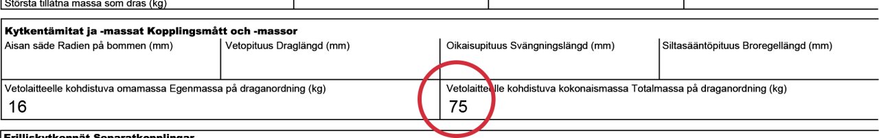 Kuva 3: Perävaunun kytkentäkohdan suurin sallittu kuormitus (Kytkentämitat ja -massat)