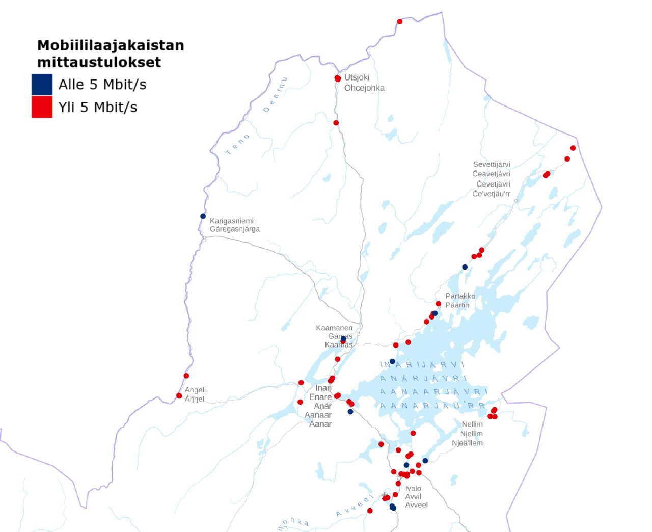 Kuva 3. Karttakuva mobiililaajakaistan mittaustulokset keskiarvona kahdesta mittauksesta Elisan 4G-verkossa. Karttakuvassa näkyvät erikseen tehtyjen Bittimittari.fi-sovellusmittausten tulokset. Kartassa esitetään nopeudeltaan yli 5 Mbit/s ylittävät mittaustulokset punaisella värillä ja alle 5 Mbit/s mittaustulokset tummansinisellä värillä.