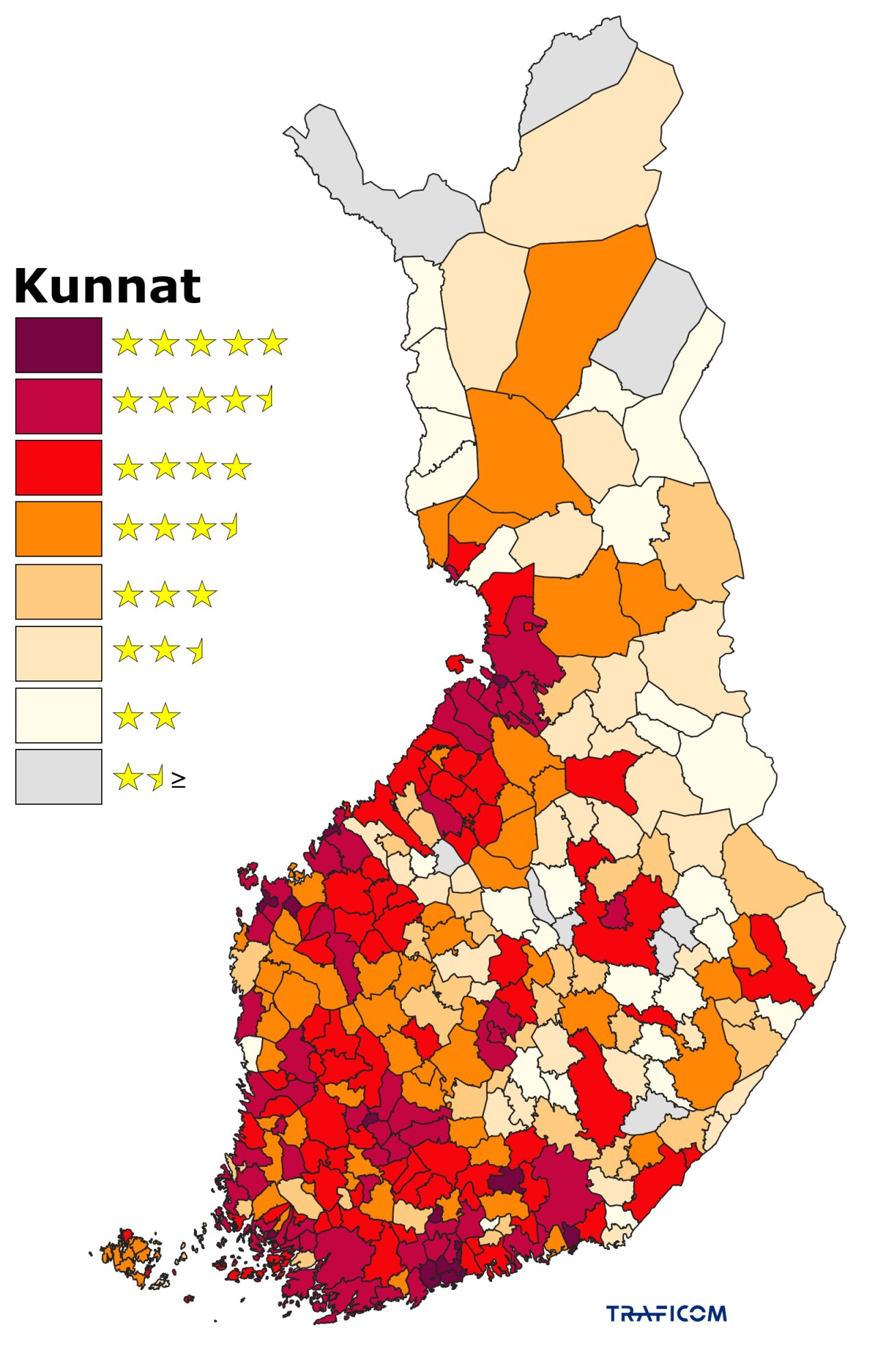 Suomen kartta, jossa kunnat on väritetty Traficomin laajakaistaluokituksen vuoden 2026 tähtimäärien mukaan. Väriskaala vaihtelee tumman punaisesta vaaleaan ja harmaaseen.