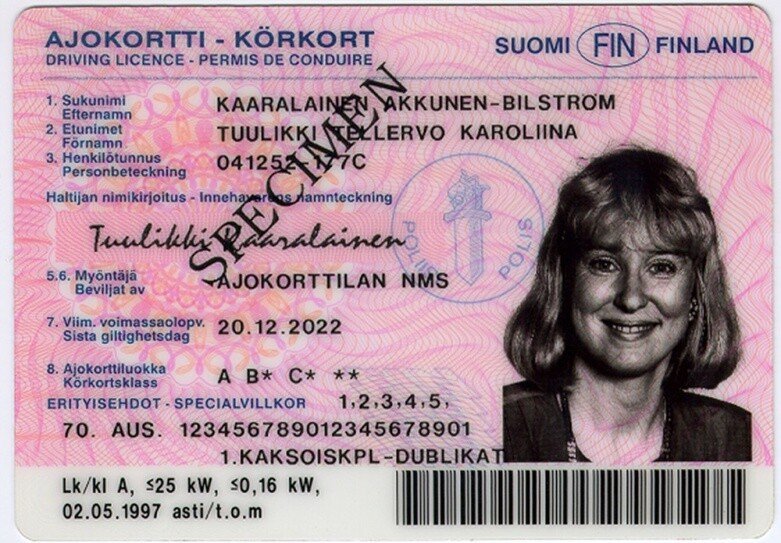 Vuoden 1990 ajokorttimallin etupuoli