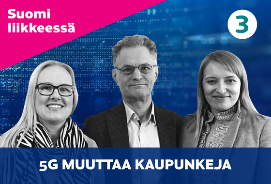 Kuvituskuva, jossa kolme henkilöä, jotka ovat äänessä kolmannen jakson podcastissa. Aiheena 5g muuttaa kaupunkeja