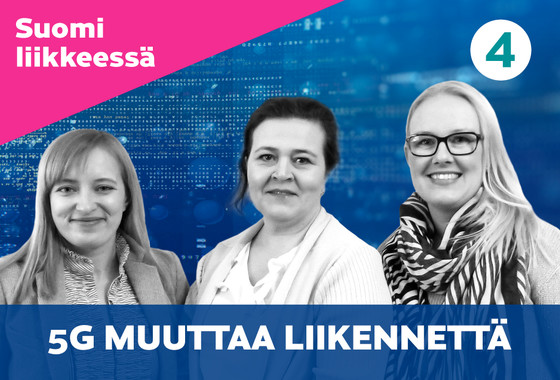 Kuvituskuva, jossa kolme henkilöä, jotka ovat äänessä neljännen jakson podcastissa. Aiheena 5g muuttaa liikennettä