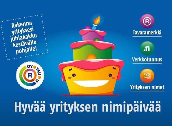 Kuvassa kerroskakku, jossa tavaramerkki, verkkotunnus ja yrityksen nimet muodostavat yrityksen juhlakakun kestävälle pohjalle.