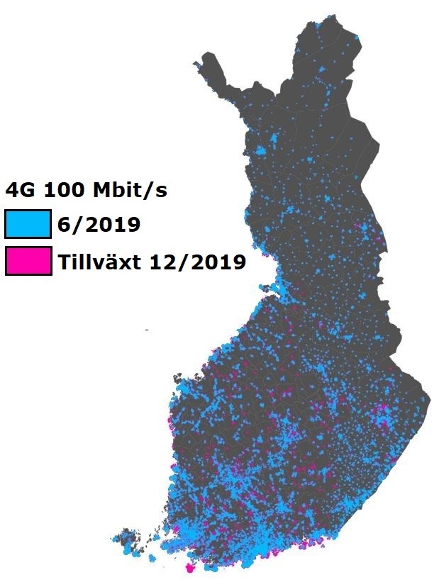 Täckning på ett snabbt mobilnät på 100 Mbit/s