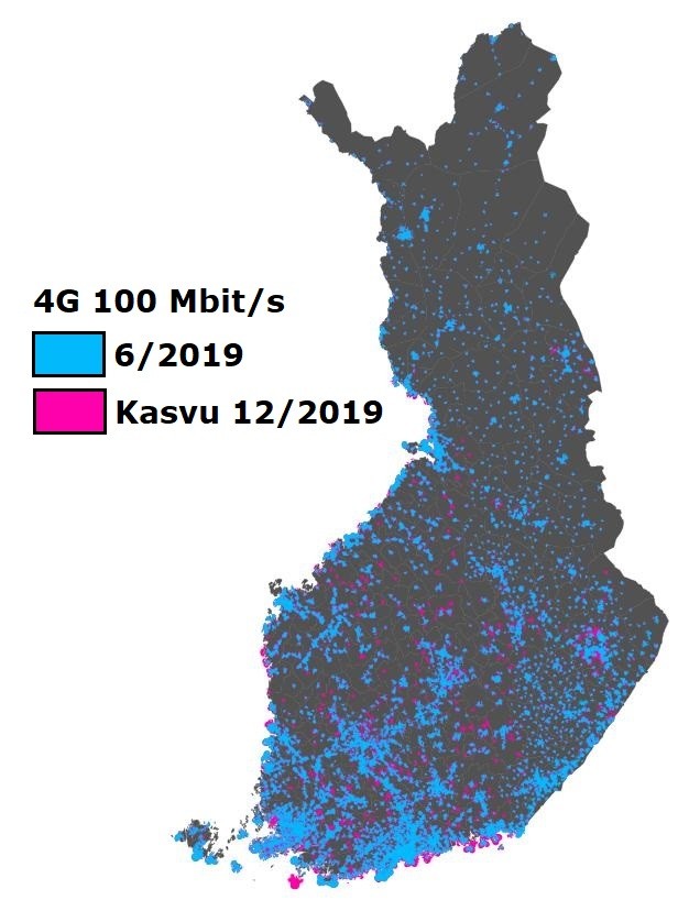 Karttakuva Suomesta, jossa nopean 100 megan matkaviestinverkon peitto