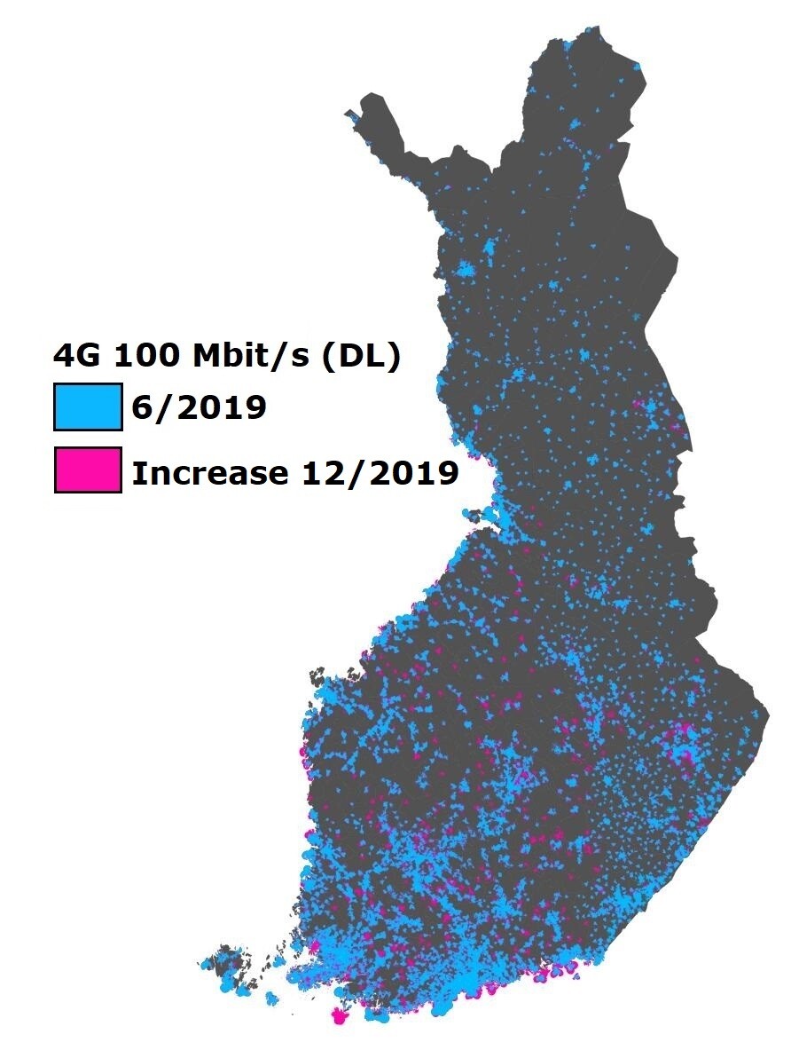 A map of Finland. High-speed mobile network coverage (100 Mbps).