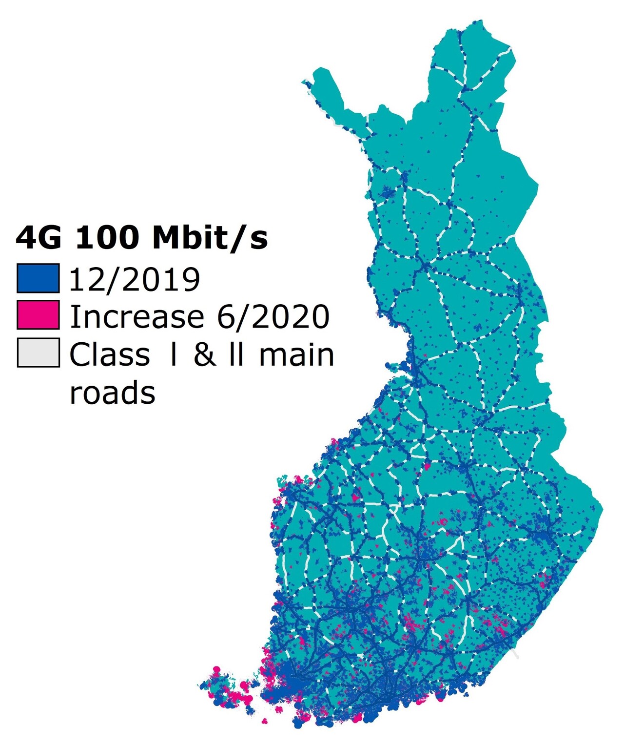 4G 100 Mbps coverage in June 2020: The 4G network’s 100 Mbps service coverage extended to 18% of Finland’s land area in June 2020. Coverage increased by two percentage points in six months. Highway and main road coverage was 57%.