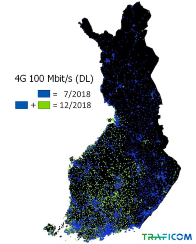 Kuvassa näkyy Suomen kartalla sinisellä matkaviestinverkon 100 megan peitto heinäkuussa 2017 ja sinisen ja vihreän yhdistelmällä tilanne joulukuussa 2018. Vihreä osuus kuvaa siis peiton kasvua.
