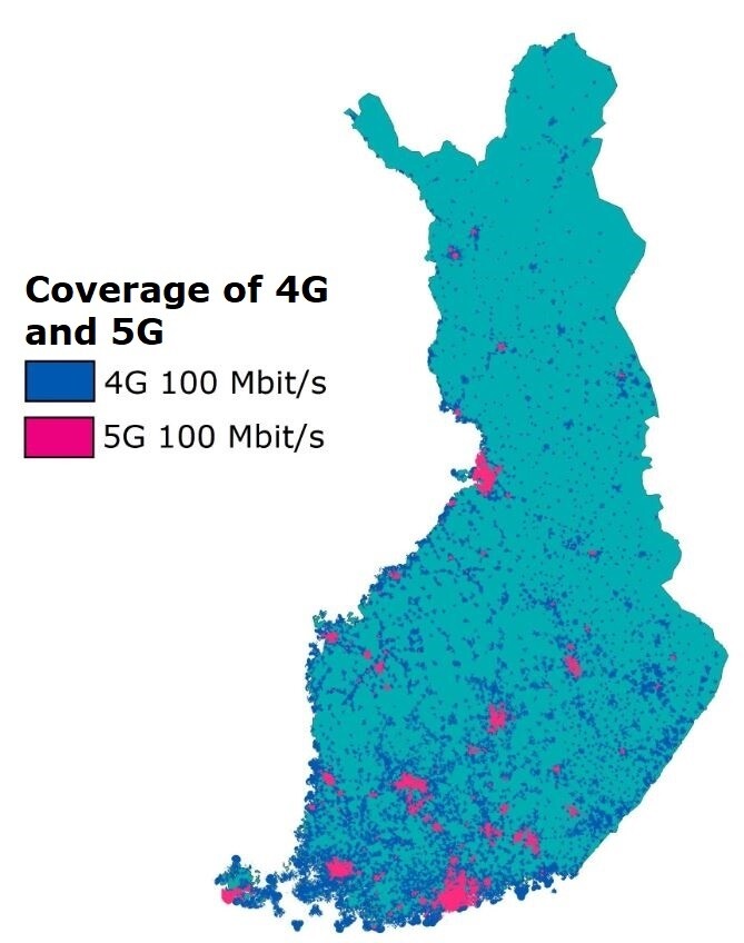 Figure 1. The map shows 4G 100 Mbps and 5G 100 Mbps mobile network coverage in Finland at the end of 2020.