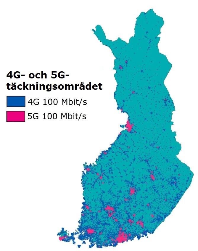 På kartan visas täckningsområdena för 4G 100 Mbit/s och 5G 100 Mbit/s i Finland vid slutet av år 2020.