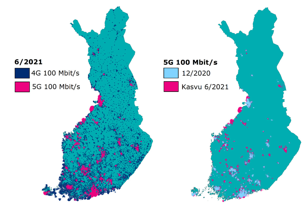 Kartalla esitetään 4G ja 5G 100 Mbit/s kattavuus Suomessa kesäkuun 2021 lopussa. Kartalle on kuvattu erikseen myös ne alueet, missä 5G 100 Mbit/s peitto on kasvanut puolen vuoden aikana.