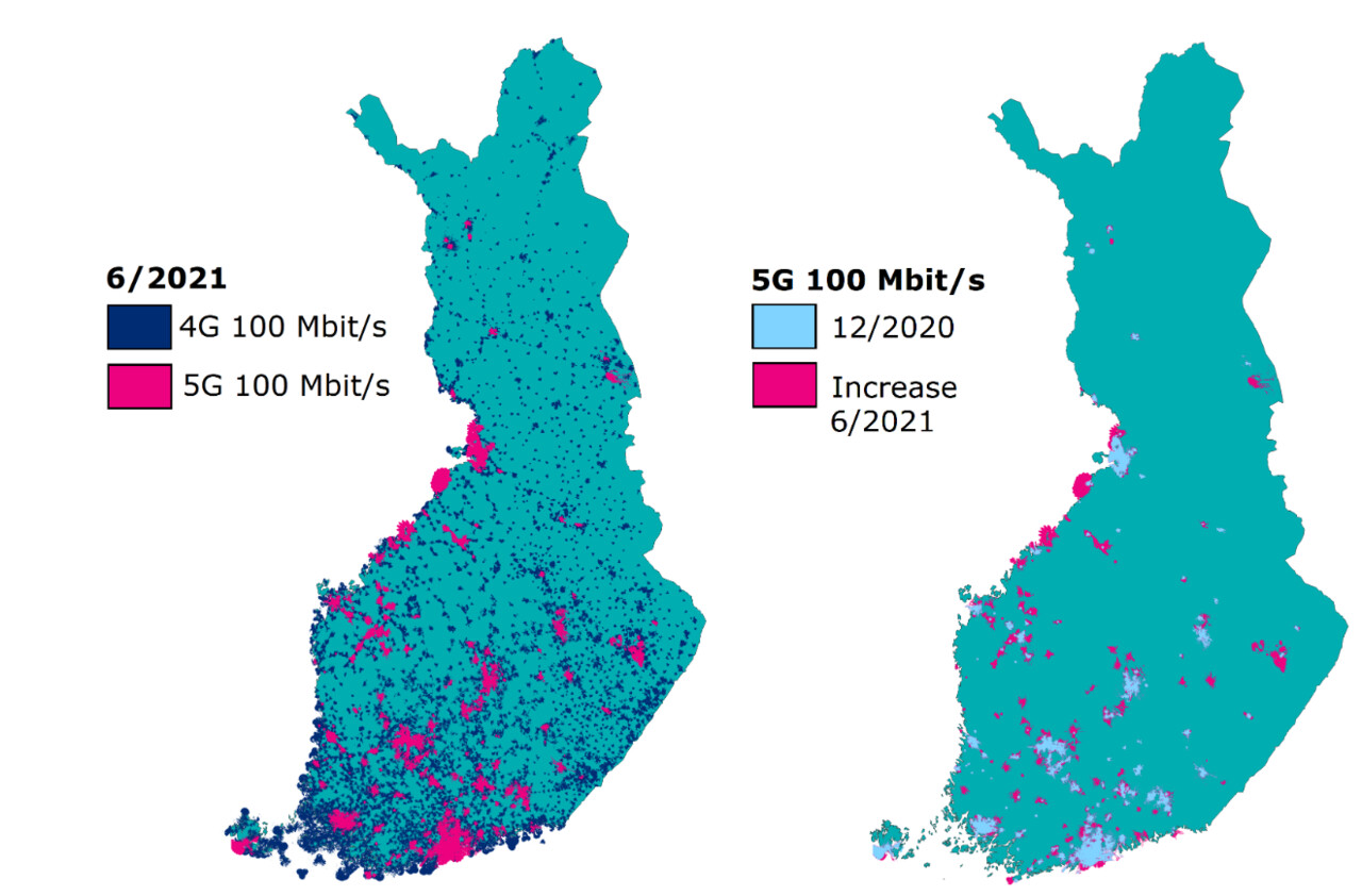 The map shows the 4G and 5G 100 Mbit/s coverage in Finland at the end of 2021. The areas in which the 5G 100 Mbit/s coverage has grown within six months are also shown separately on the map.