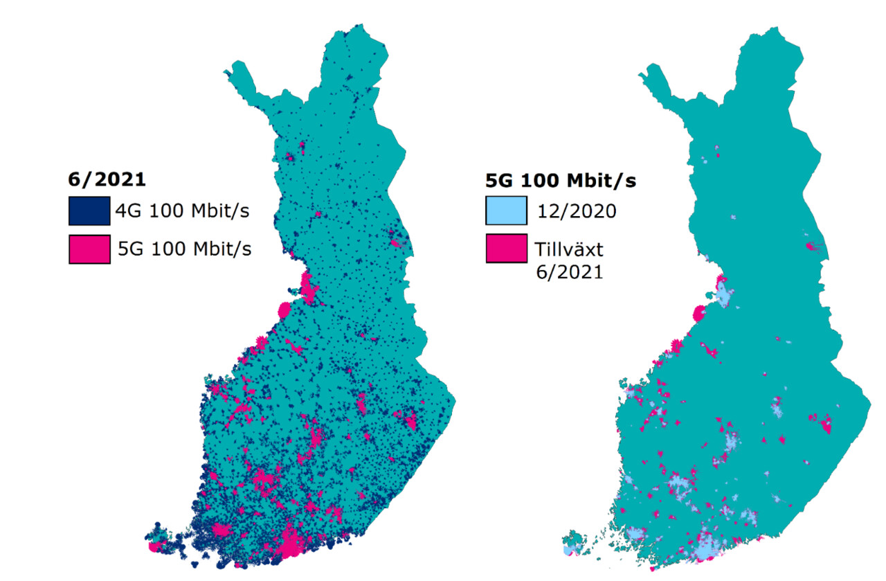 På kartan finns täckningen av 4G- och 5G-abonnemang på 100 Mbit/s i Finland vid slutet av juni 2021. På kartan anges separat också de områden där 5G-täckningen på 100 Mbit/s har ökat under ett halvt år.