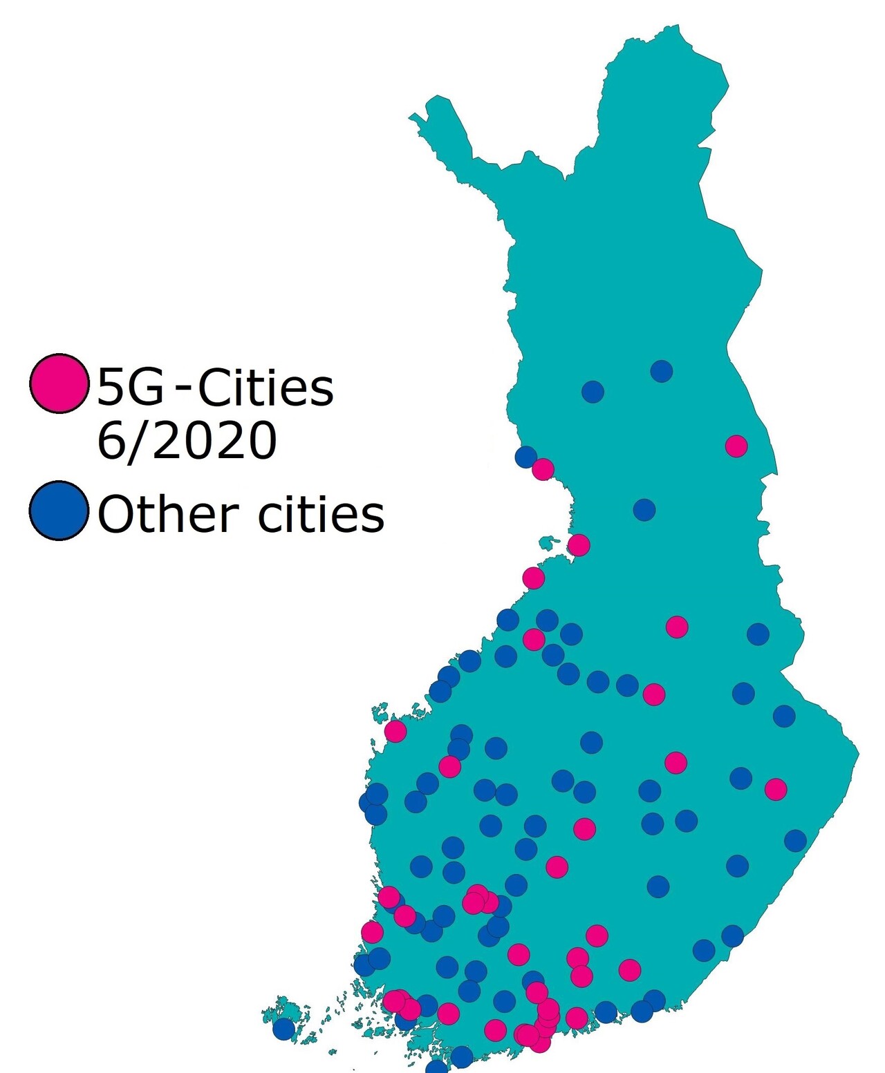 5G cities by the end of June 2020: There were 38 cities in Finland that had 5G networks by the end of June 2020 and 69 cities without 5G networks.