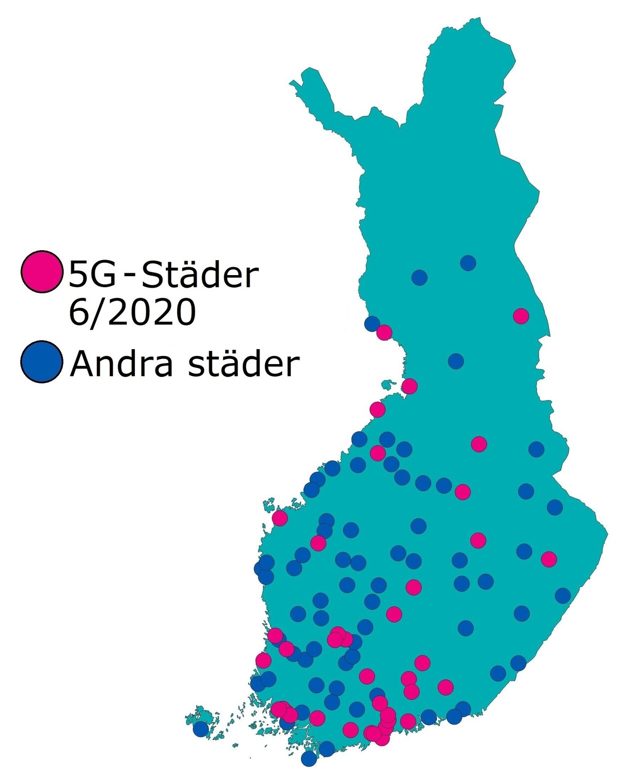 5G-städerna vid slutet av juni 2020: 38 städer i Finland hade 5G-nät vid slutet av juni 2020. 69 städer var utan 5G-nät.  