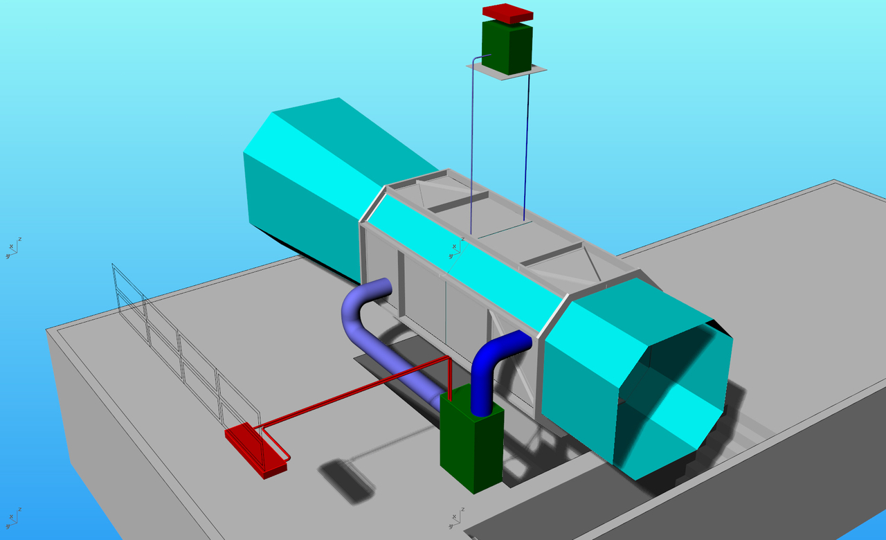 Wind tunnel and model cooling system; Control system in red, cooling machine in green and cooling circuit in blue.