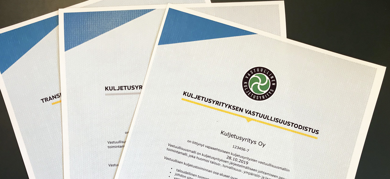 Kuljetusyrityksen vastuullisuustodistus