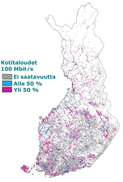 Latausnopeudeltaan vähintään 100 megainen laajakaistayhteys oli vuoden lopussa saatavilla 58 prosenttiin kotitalouksista. Saatavuus vaihtelee alueittain.