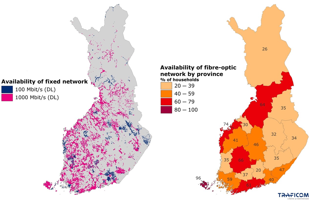 The map shows areas where 100 megabyte and 1,000 megabyte fixed broadband connections are available for households and the availability of the optical fibre network (% of households) by region: Ahvenanmaa 96%, South Karelia 47%, South Ostrobothnia 41%, South Savo 35%, Kainuu 35%, Kanta-Häme 37%, Central Ostrobothnia 30%, Central Finland 46%, Kymenlaakso 40%, Lapland 26%, Pirkanmaa 66%, Ostrobothnia 74%, North Karelia 34%, North Ostrobothnia 64%, North Savo 32%, Päijät-Häme 20%, Satakunta 35%, Uusimaa 61%.