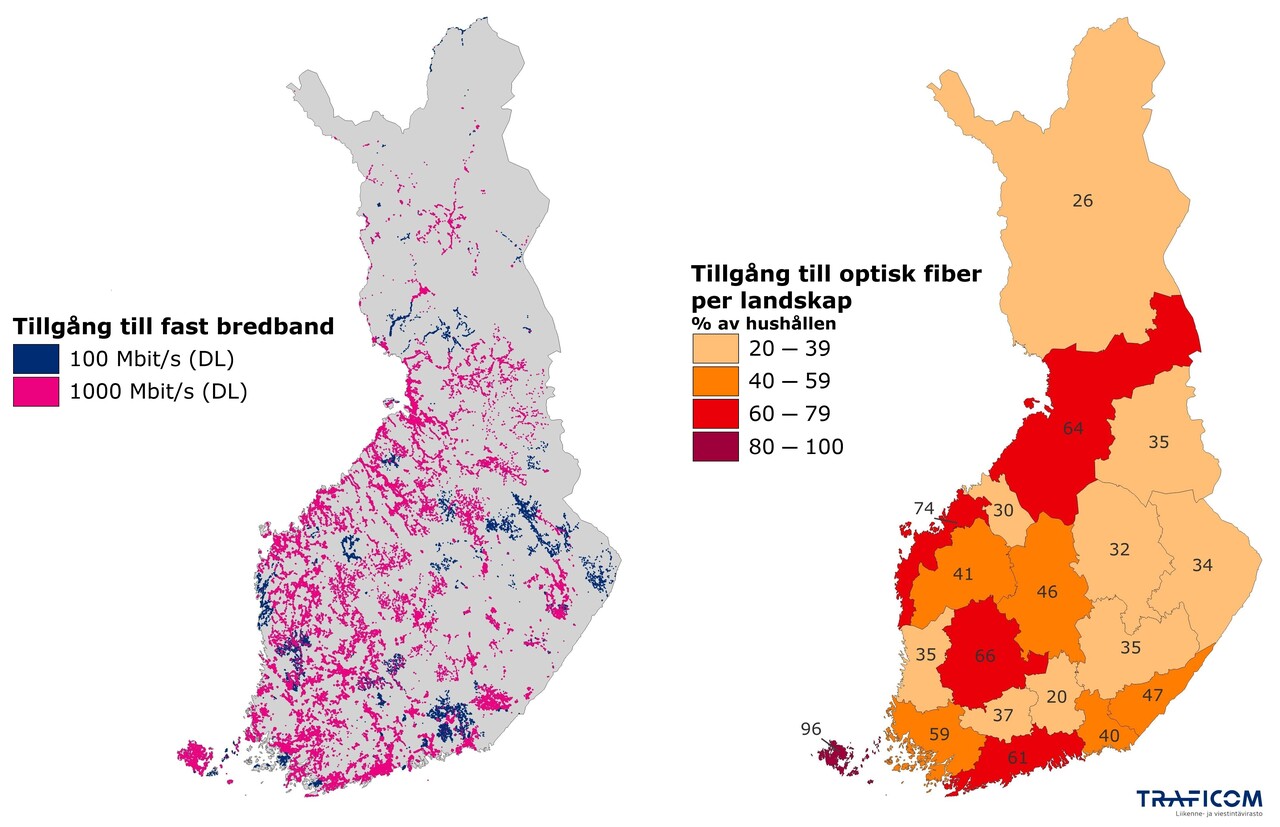 Kartan visar områden med tillgång till fasta bredbandsnät på 100 mega och 1 000 mega för hushåll samt tillgången till optiska fibernät (% av hushållen) per landskap: Åland 96 %, Södra Karelen 47 %, Södra Österbotten 41 %, Södra Savolax 35 %, Kajanaland 35 %, Egentliga Tavastland 37 %, Mellersta Österbotten 30 %, Mellersta Finland 46 %, Kymmenedalen 40 %, Lappland 26 %, Birkaland 66 %, Österbotten 74 %, Norra karelen 34 %, Norra Österbotten 64 %, Norra Savolax 32 %, Päijänne-Tavastland 20 %, Satakunta 35 %.