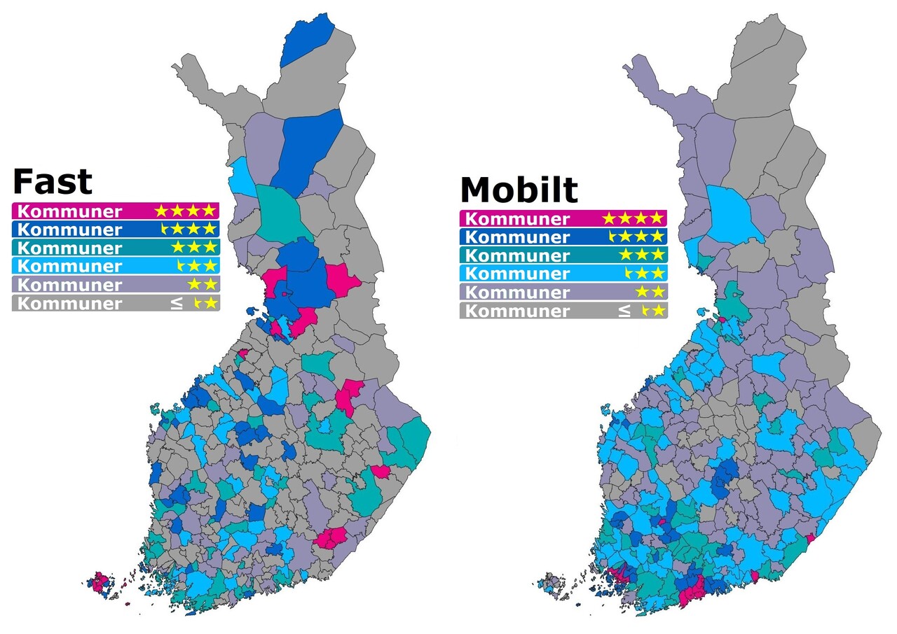 Två kartor om Stjärnklassificering per kommun för fasta bredbandsförbindelser och mobilnätet.