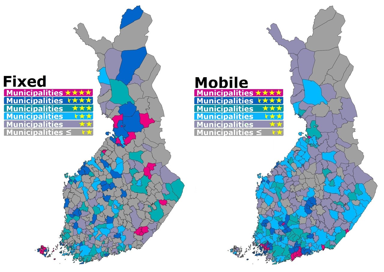 Map of Finland. Fixed and mobile broadband star ratings by municipality.