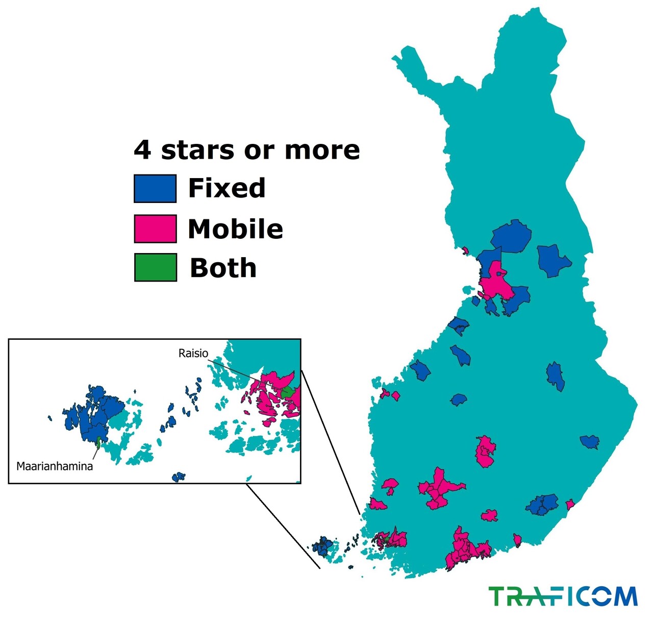 Finland has two municipalities, Maarianhamina and Raisio, where the star rating of both fixed and mobile connections is at least 4 stars.