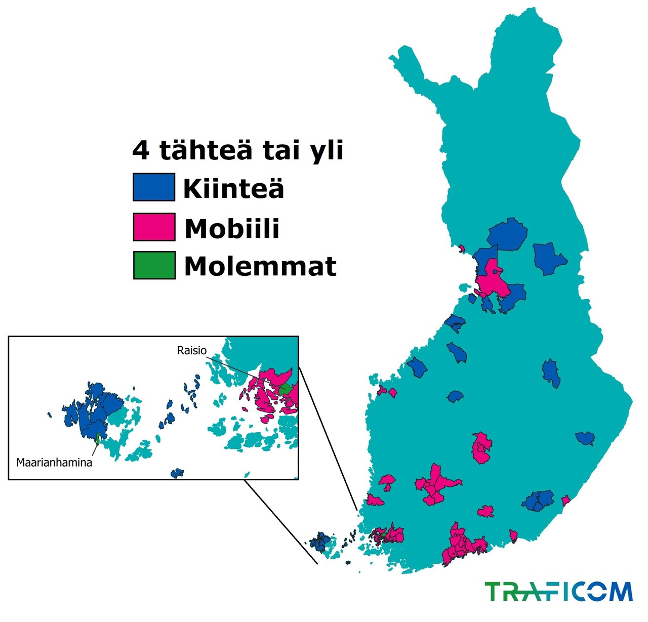 Kartalla esitetään kiinteän laajakaistan ja matkaviestinverkon tähtiluokitukset kunnista, jotka ovat saaneet luokituksessa vähintään neljä tähteä. Kartalla on myös erikseen kunnat, joissa sekä kiinteä laajakaista että matkaviestinverkko olivat molemmat vähintään neljä tähteä.