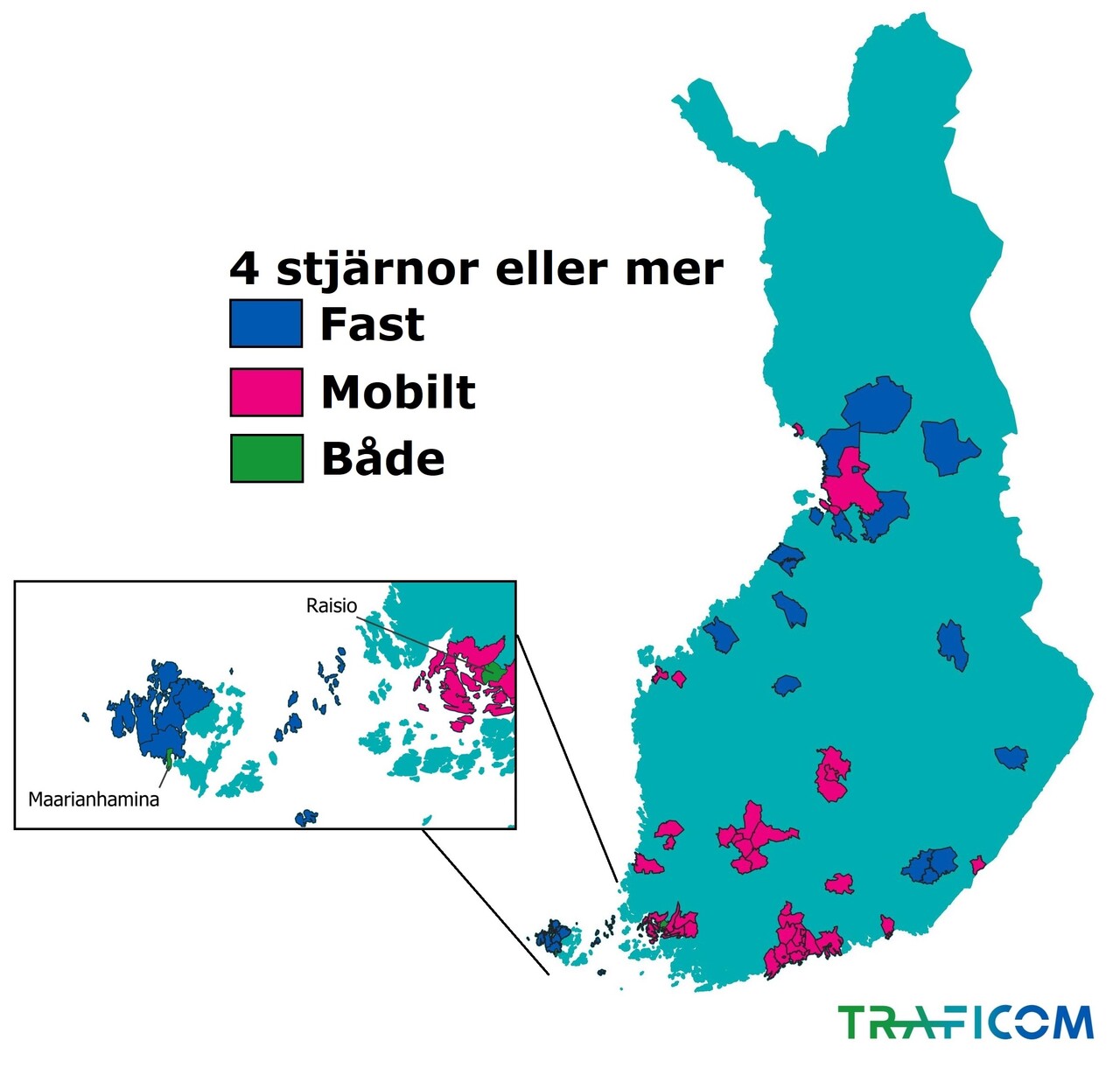 På kartan visas stjärnklassificeringen för fast bredband och mobilnätet i kommuner som har fått minst fyra stjärnor i rankningen. På kartan anges separat de kommuner som hade fått minst fyra stjärnor för både det fasta bredbandet och mobilnätet.