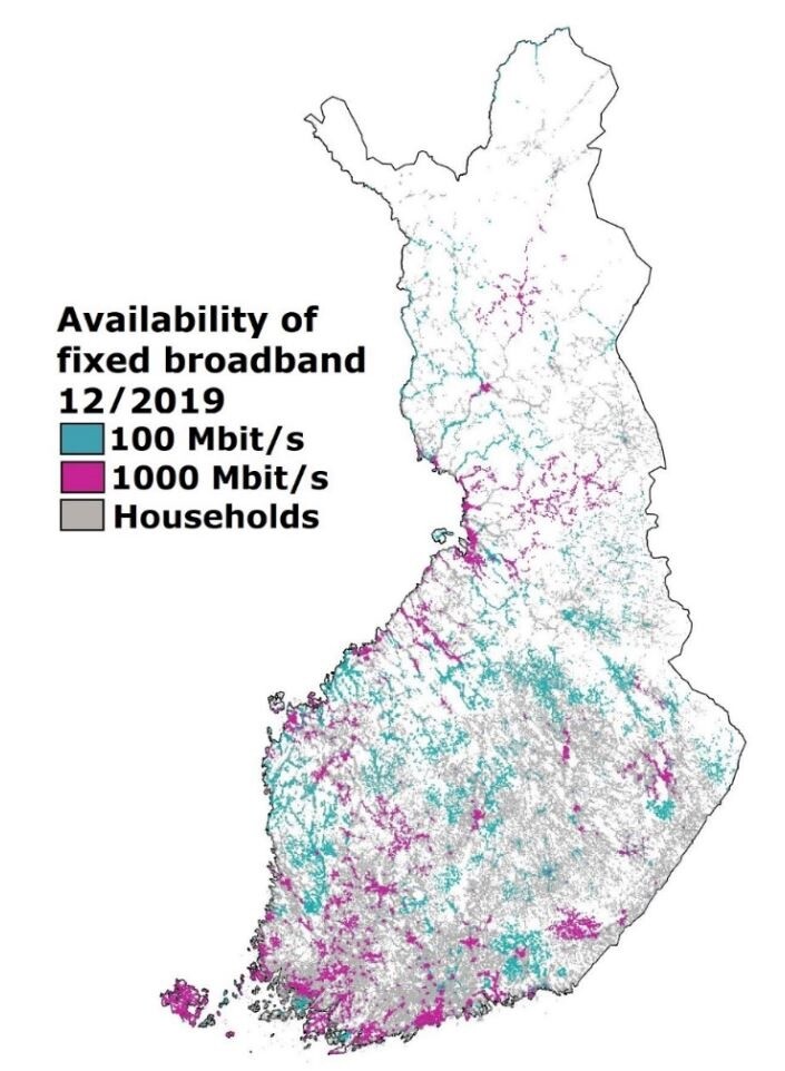 Map of Finland. Household availability of the high-speed fixed broadband network represented by 1km x 1km squares.