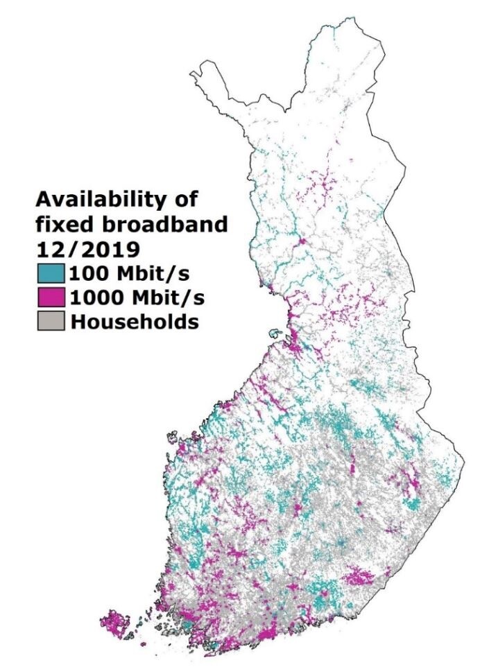 Map of Finland. Household availability of the high-speed fixed broadband network represented by 1km x 1km squares.