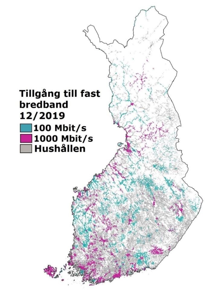 En karta om hushållens tillgång till snabbt fast bredband på rutor 1km x 1km i Finland.