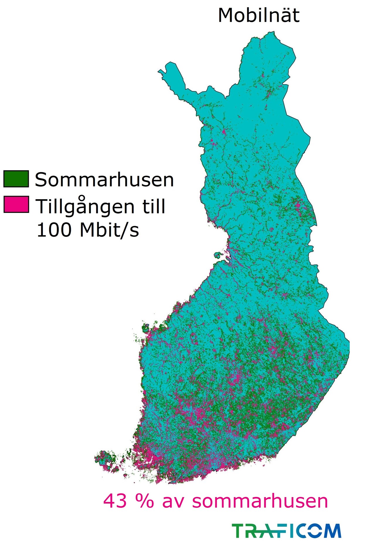 På kartan visas tillgången till mobilnät på 100 Mbit/s i sommarstugor i Finland i slutet av 2020: 43 procent av sommarstugorna.