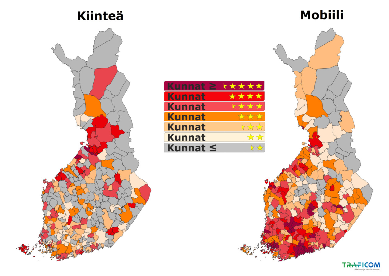 Kartalla esitetään kuntien saamat tähtiluokat kiinteästä verkosta ja mobiiliverkosta erikseen.