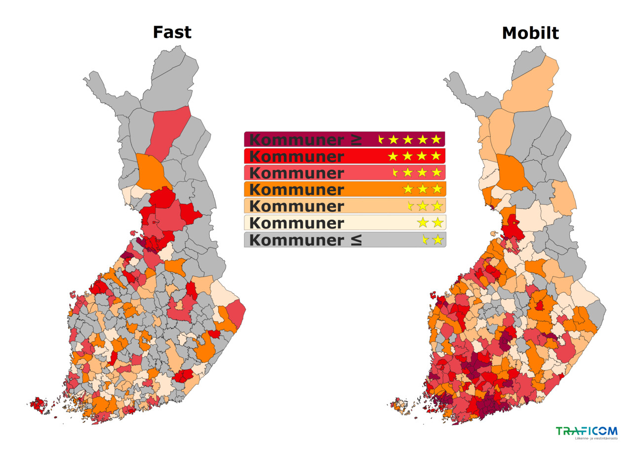 På kartan visas kommunernas stjärnmärkningar separat för det fasta nätet och för mobilnätet.