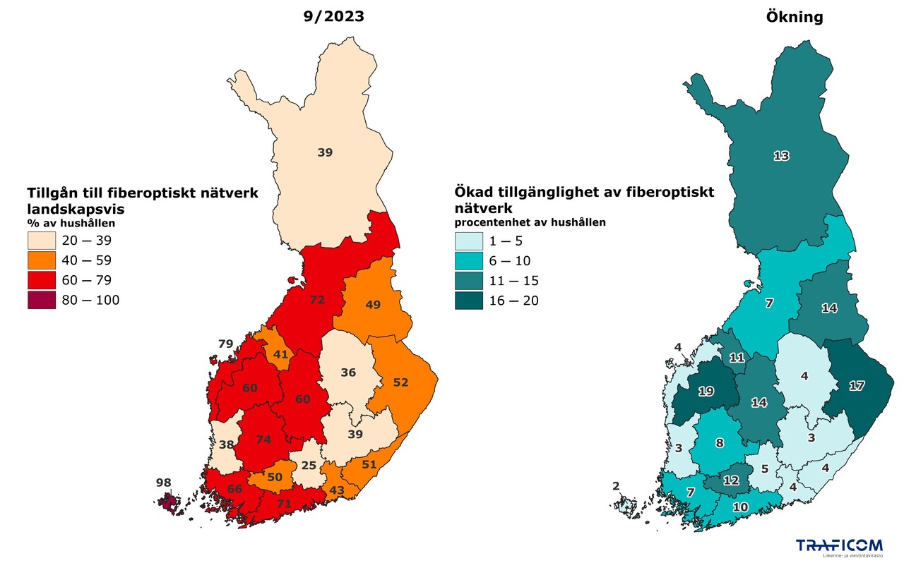 På kartan visas tillgången till optisk fiber (% av hushållen) per landskap 9/2023 samt tillväxten per landskap (procentenheter av hushållen) från slutet av år 2022. 