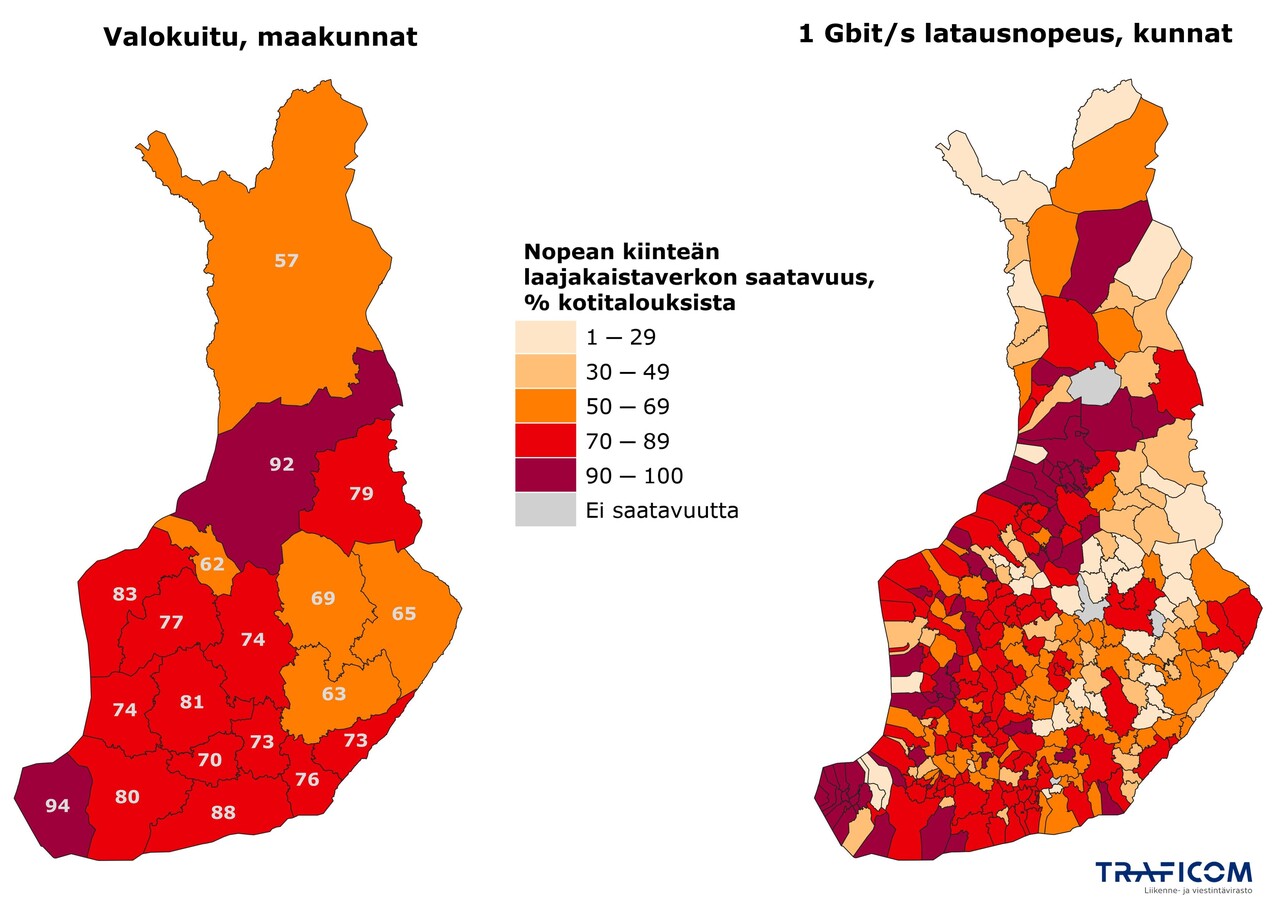 Kartalla esitetään luokiteltuna valokuituverkon saatavuus maakunnittain ja 1 Gbit/s latausnopeuden saatavuus kunnittain.