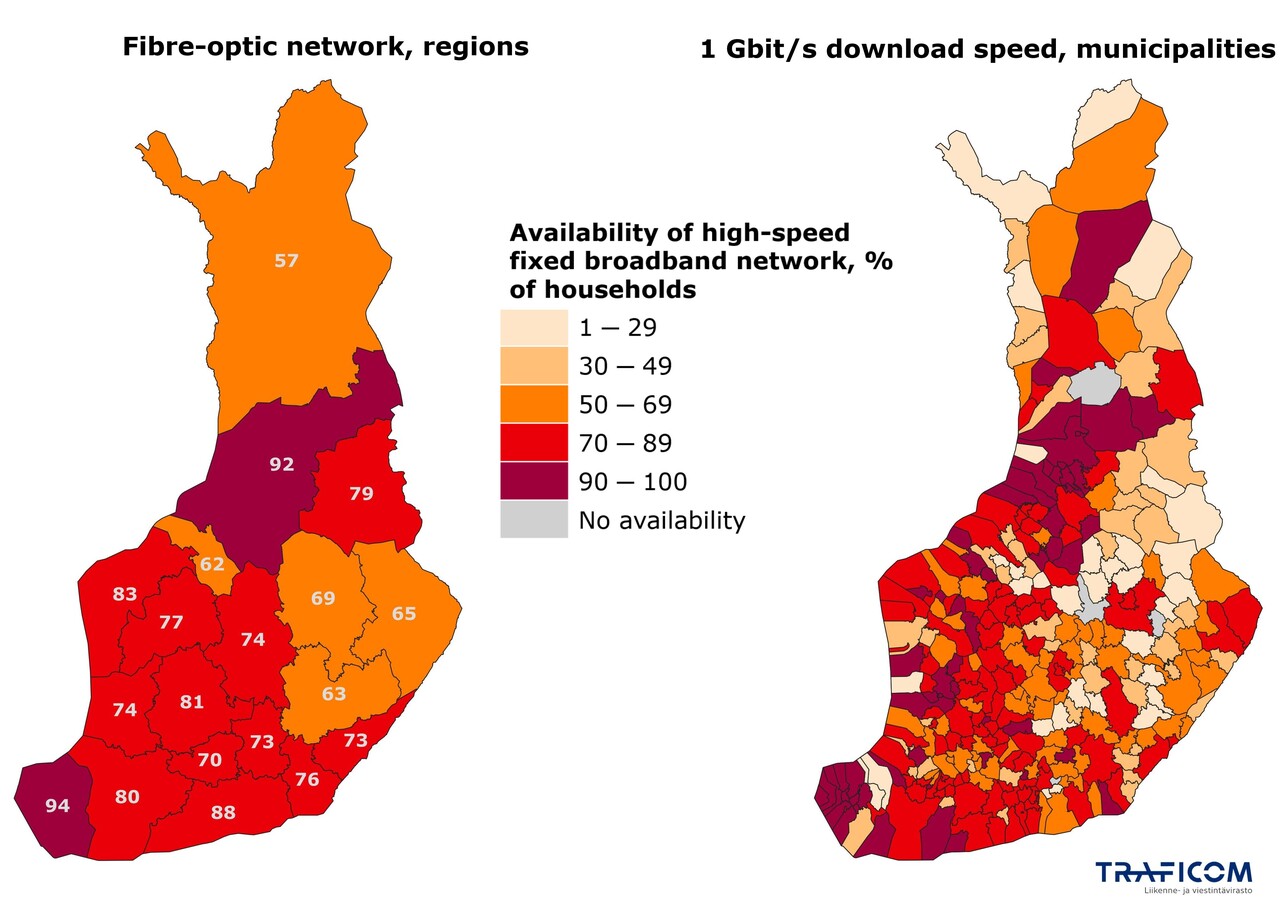 The map shows the availability of fibre networks by region and the availability of a 1 Gbps download speed by municipality.