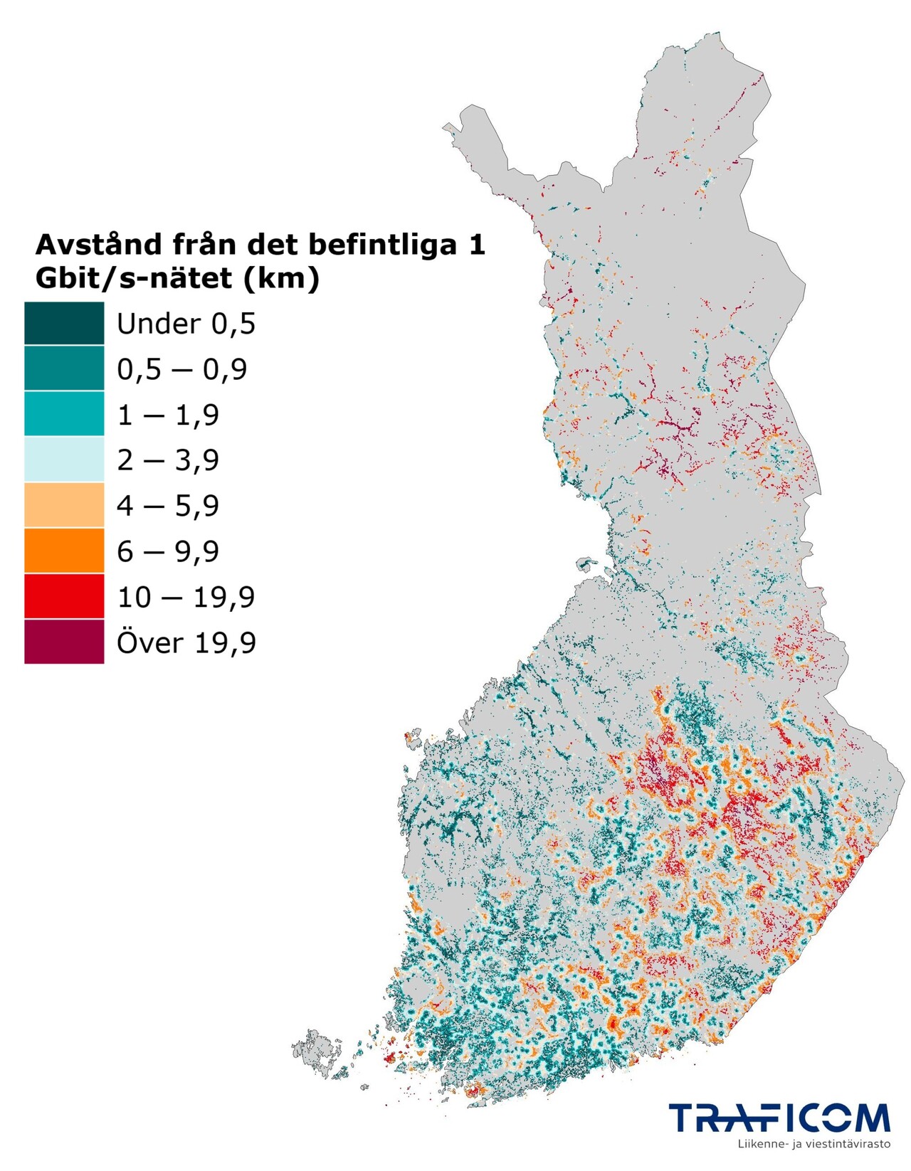 På kartan visas de klassificerade avstånden till det befintliga nätet med en nedladdningshastighet på 1 Gbit/s.