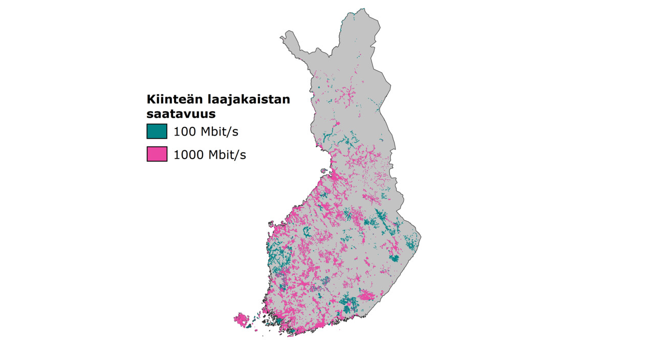 Kartalla esitetään kiinteän laajakaistan 100 Mbit/s ja 1000 Mbit/s nopeusluokkien saatavuusruudut Suomessa. 