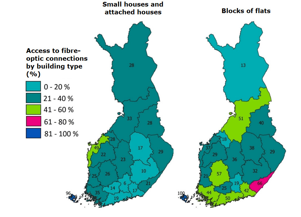 The map shows the percentages of small houses and attached houses as well as blocks of flats with fibre-optic connection access. A total of 25% of small houses and attached houses had fibre-optic connection access and the same was true for 43% of blocks of flats.