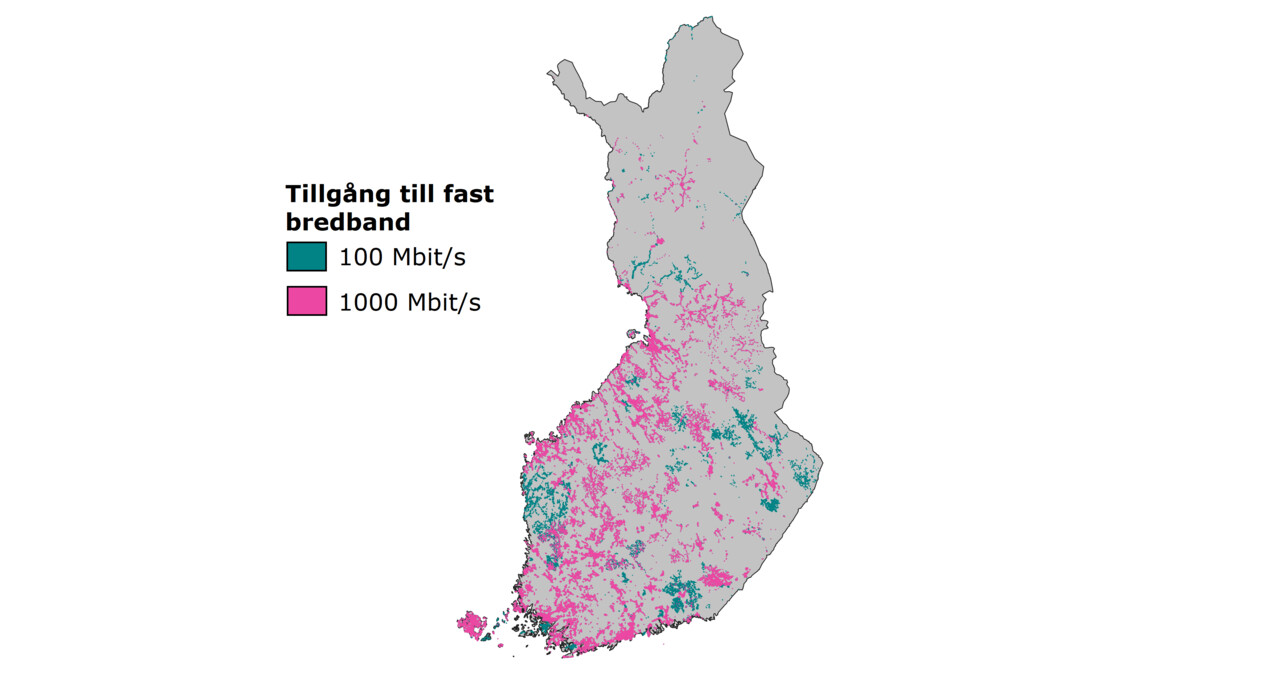 Hushållens tillgång till fast bredband med en nedladdningshastighet på 100 Mbit/s och 1000 Mbit/s .