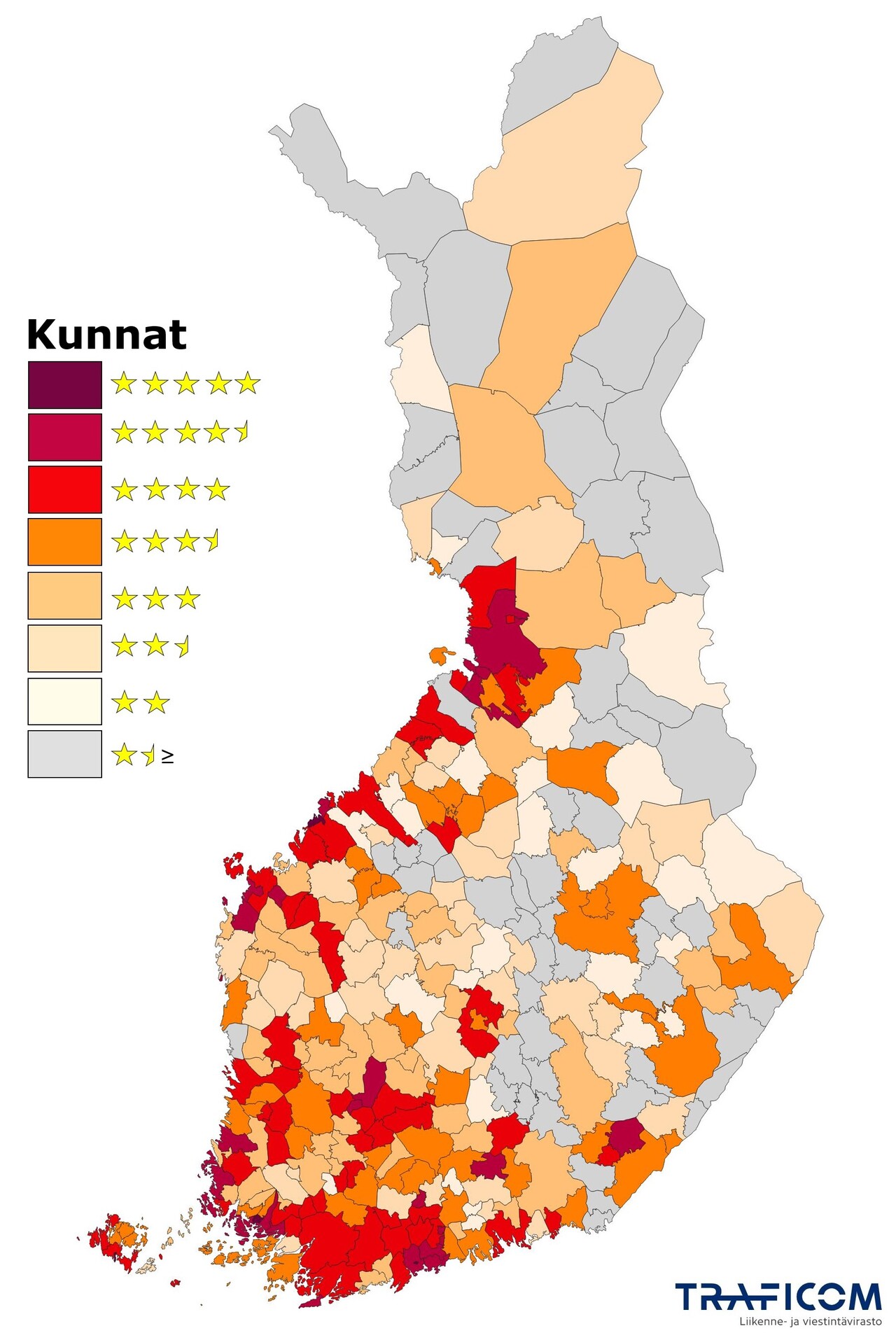 Kartalla esitetään kuntien saamat tähtimäärät Traficomin laajakaistaluokituksessa.