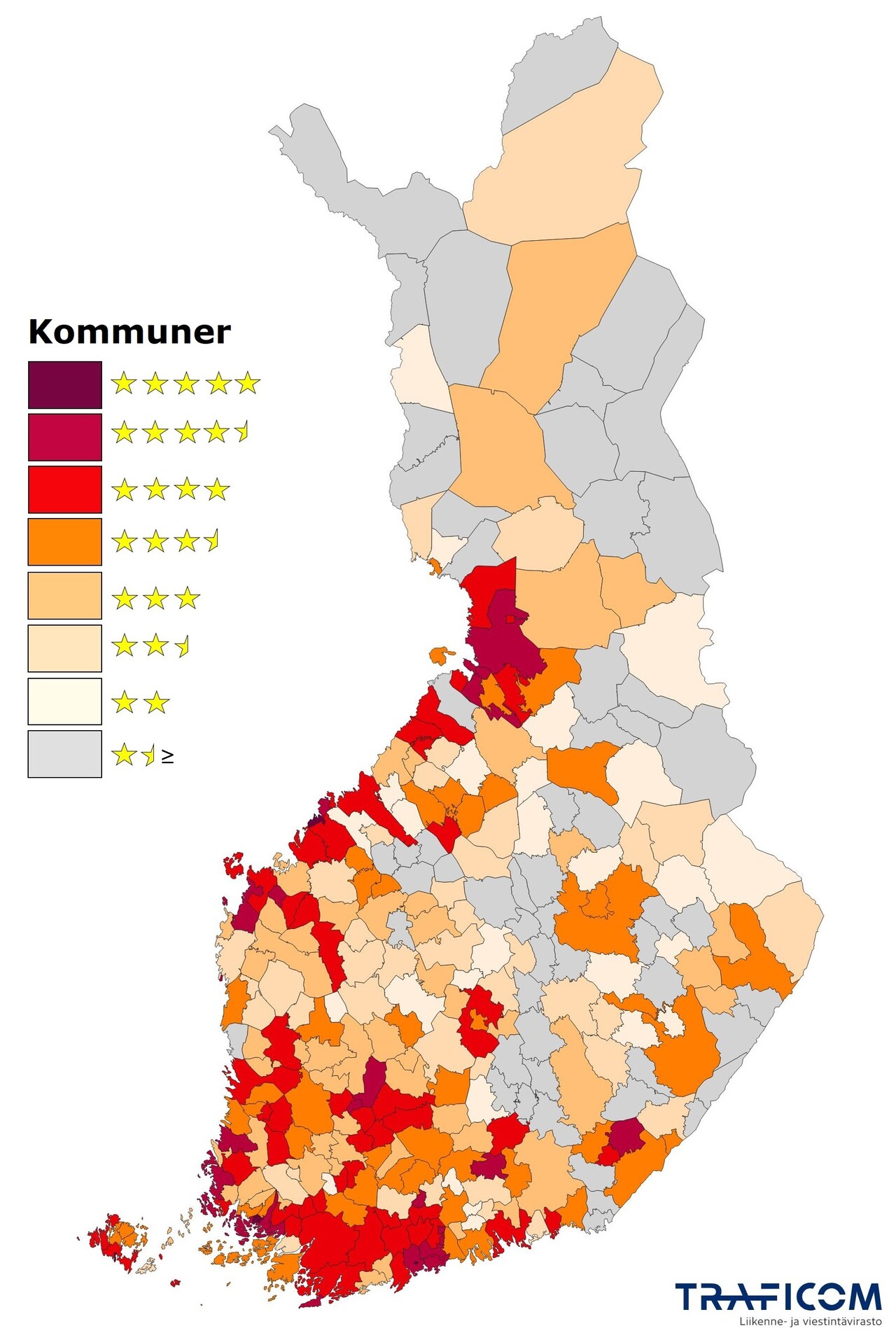 Bild 1. På kartan presenteras antalet stjärnor i Traficoms bredbandsklassificering i kommuner.