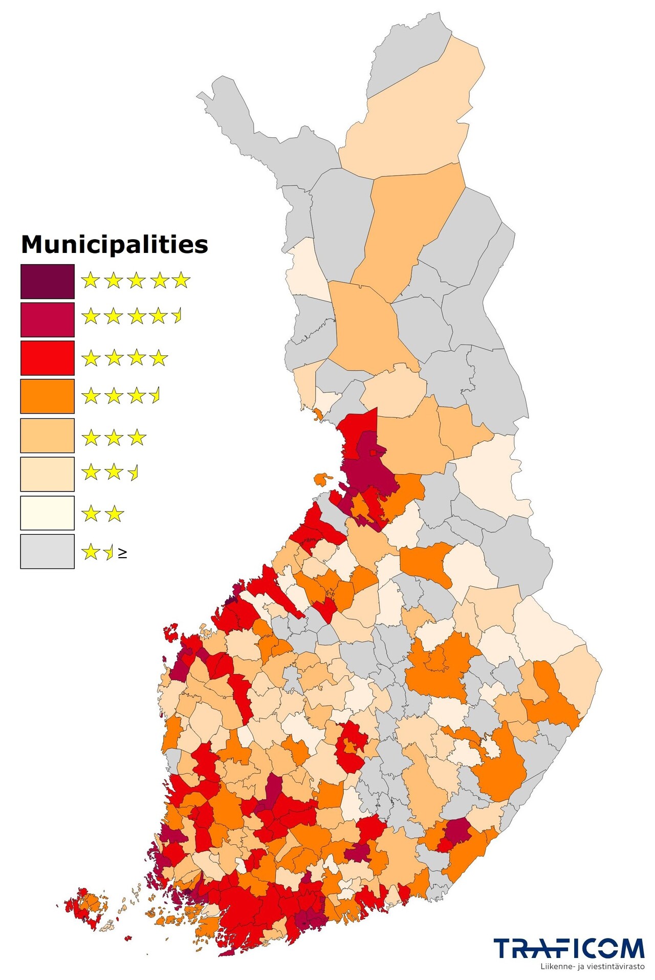 A map showing the star ratings given to municipalities in Traficom’s broadband rating.